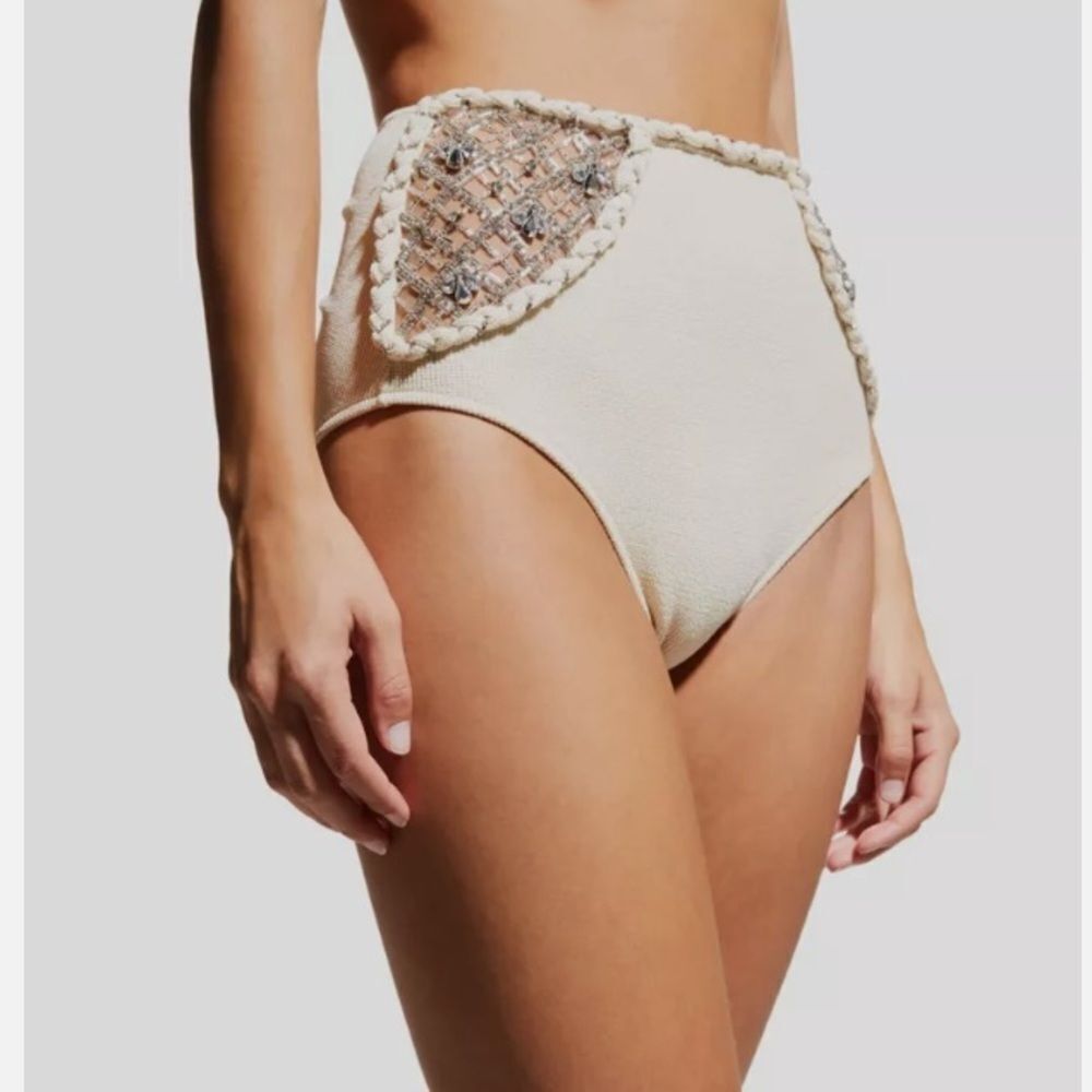 PatBO Women's Ivory Hand-Beaded Stretch Knit Bikini Bottom Swimwear Size M